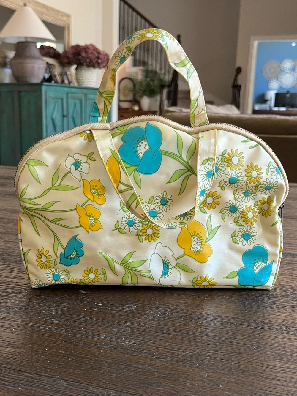 Vintage Retro Blue & Yellow Floral Makeup Travel Bag | 9-1/2”